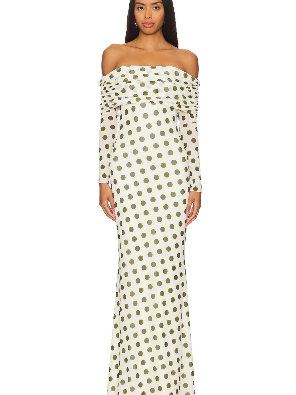 AFRM White Off-Shoulder Maxi Dress with Olive Polka Dots